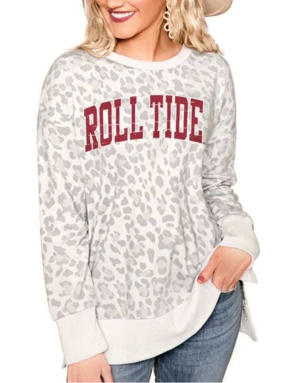 Gameday Couture Alabama Roll Tide French Terry Sweatshirt Leopard Cream Gray NWT